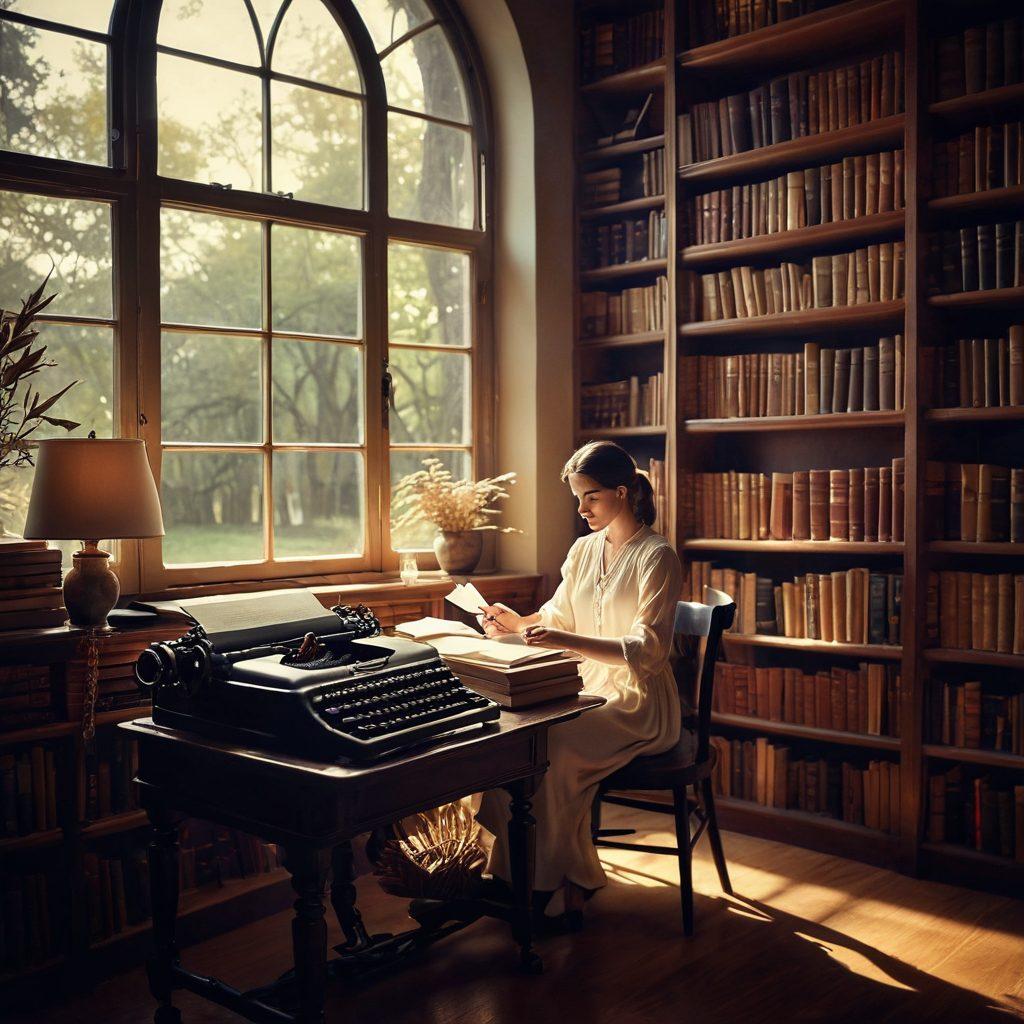 A contemplative figure sitting in a tranquil library, surrounded by books and glowing pages that float around, symbolizing the transformation of words into wisdom. Soft light filtering through the window creates a serene atmosphere, with a gentle, abstract representation of thoughts and ideas swirling around. Include a vintage typewriter and a quill pen on the desk. surreal, warm tones, soft focus, ethereal elements.