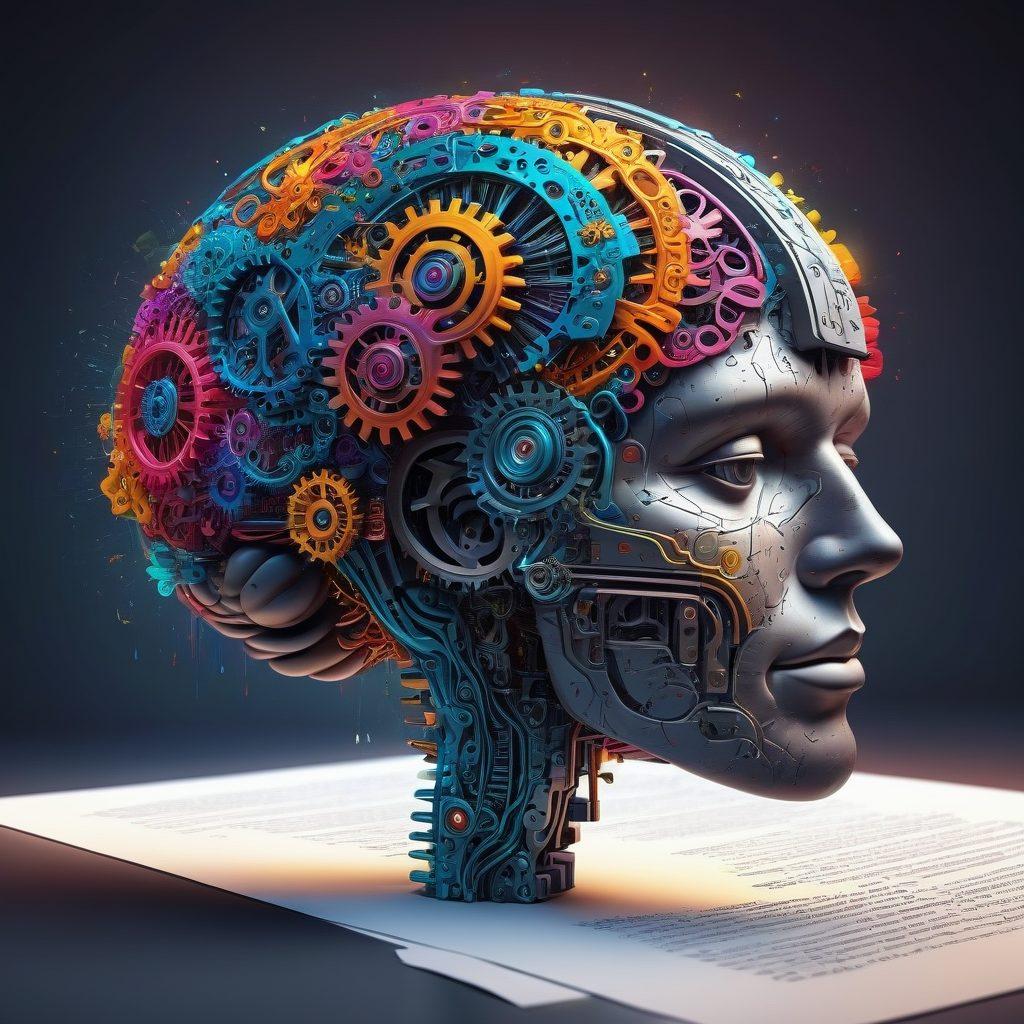 A whimsical key unlocking a glowing text document that bursts with colorful words and symbols, surrounded by gears representing transformation and processing. In the background, a brain with circuit patterns illustrates the connection between thoughts and content. The scene radiates creativity and innovation. vibrant colors. super-realistic. digital art.